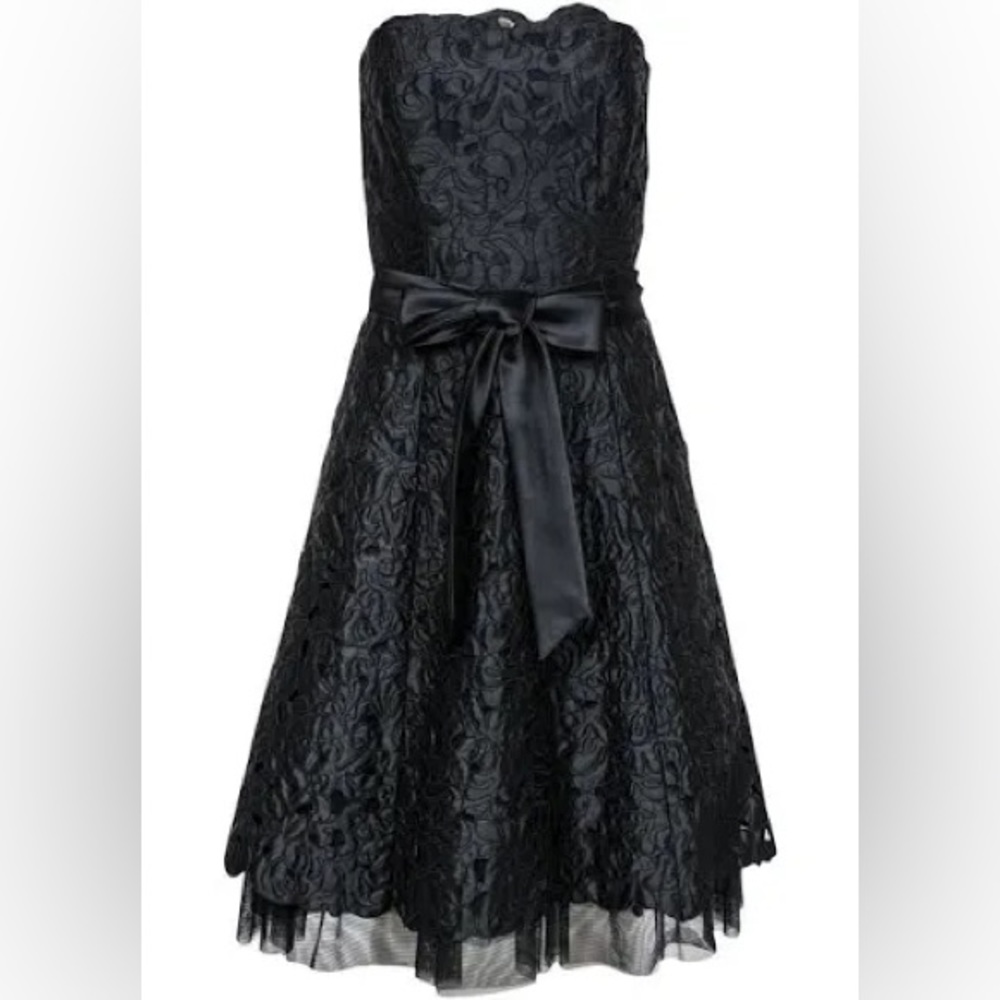 NWT Tadashi - Black Textured Strapless A-Line Cocktail Dress w/ Tie Belt Sz 6